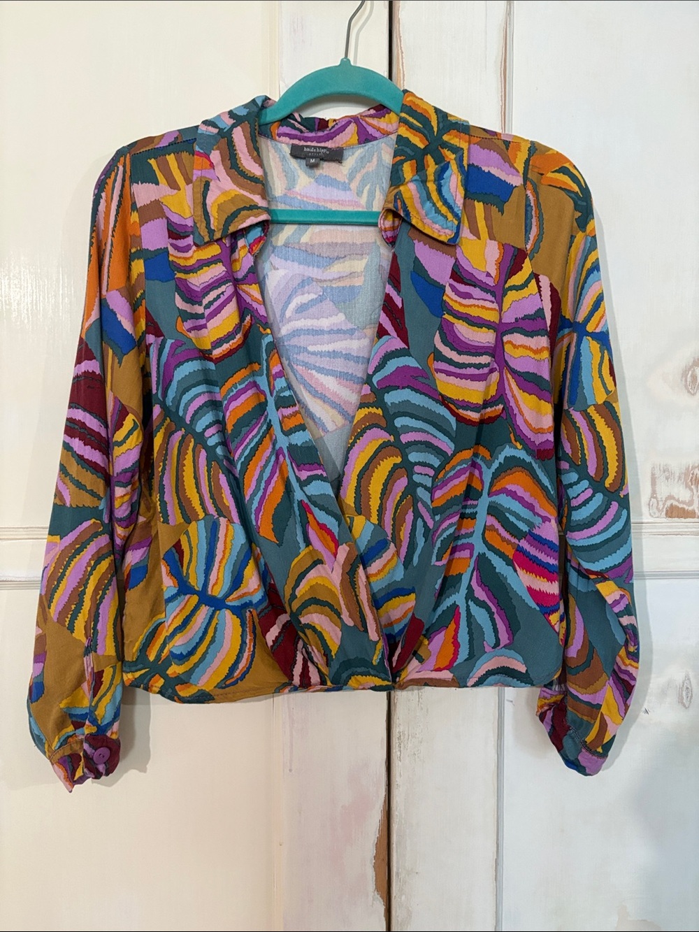 Haute Hippie Multicolor Abstract Wrap Blouse - Teal, Purple, Pink & Mustard
